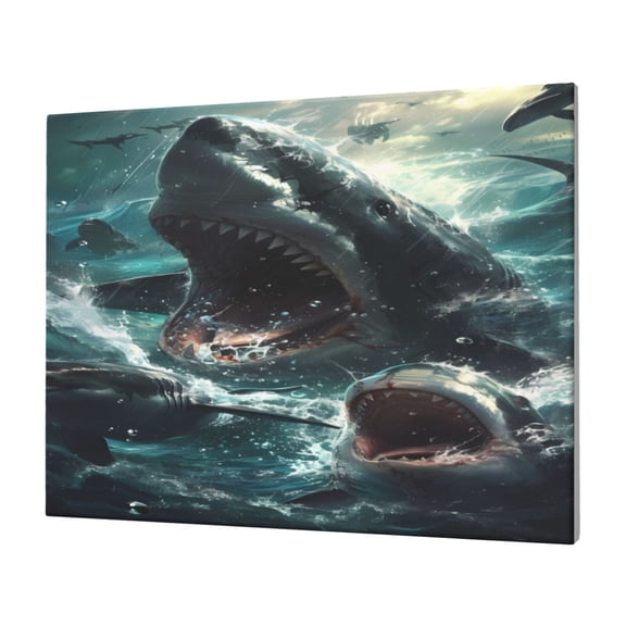 Gukieu Wave Ocean Animal Shark Print Horizontal Canvas Decorative Painting 12x16 Inch Shrinkage Resistant Frame Hanging Home Wall Art Decor