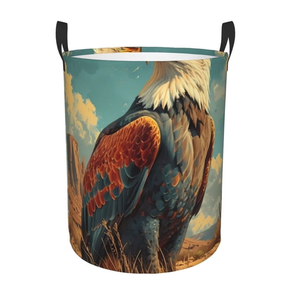 Gukieu Western Desert Cactus Bald Eagle Print Round Dirty Clothes Bag, Waterproof Standing Home Bathroom Storage Basket Car Trunk Storage Bag-Small