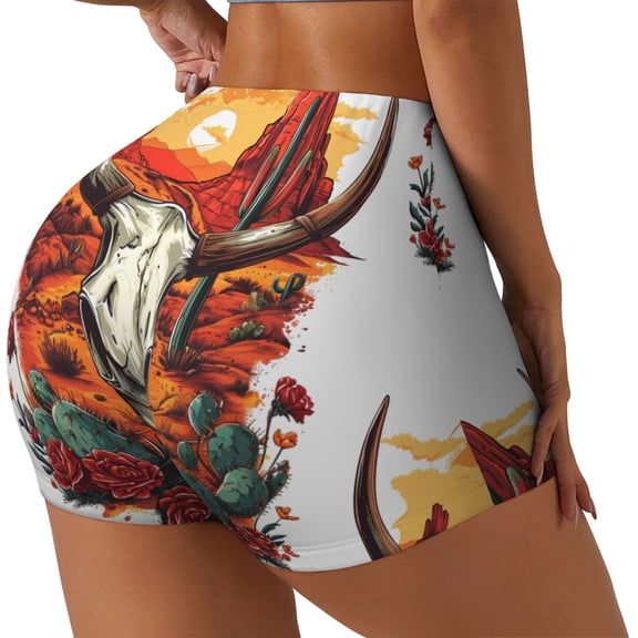 Gukieu Western Desert Cactus Ram Skull Print Women's Sports Shorts, Elastic Waist High Stretch Running Yoga Gym Sweatpants-Medium