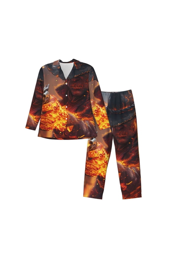 Western Fire Cowboy Print Men's Long-sleeved Pajamas Set, Elastic Waist Pajamas Button-down Pajamas Two-piece Set, Suitable for Adult Male Home Wear-Large