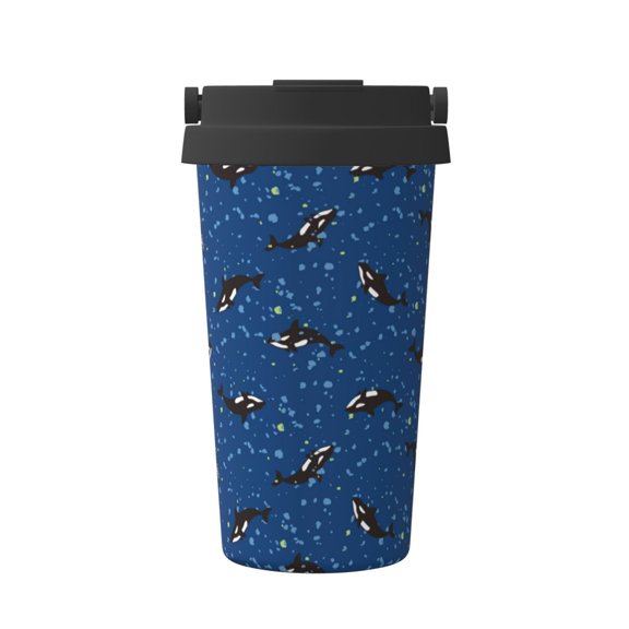 Gukieu Whales Swim Print Insulated Coffee Cup, Portable Stainless Steel Vacuum Cup with Lid, Unisex, Suitable for Office, Cafe, Car
