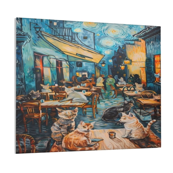 Gukieu Whimsical Cats Night Cafe Print Canvas Decorative Hanging Painting, Waterproof Art Wall Decoration with Frame, Suitable for Living Room, Bedroom