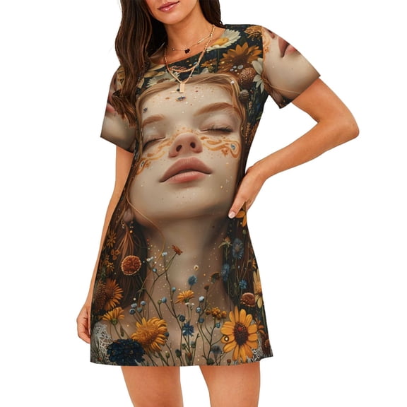 Gukieu Whimsical Flower Crown Maiden Print Women's Nightgown, A-line Round Neck Short-sleeved Nightgown Pajamas Home Wear Suitable for Home and Outing