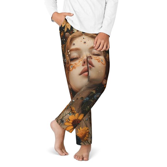 Gukieu Whimsical Flower Crown Maiden Print Youth Home Trousers, Elastic Waistband with Pockets for Home and Outing, Suitable for Children Aged 5-16-XS(5-6)