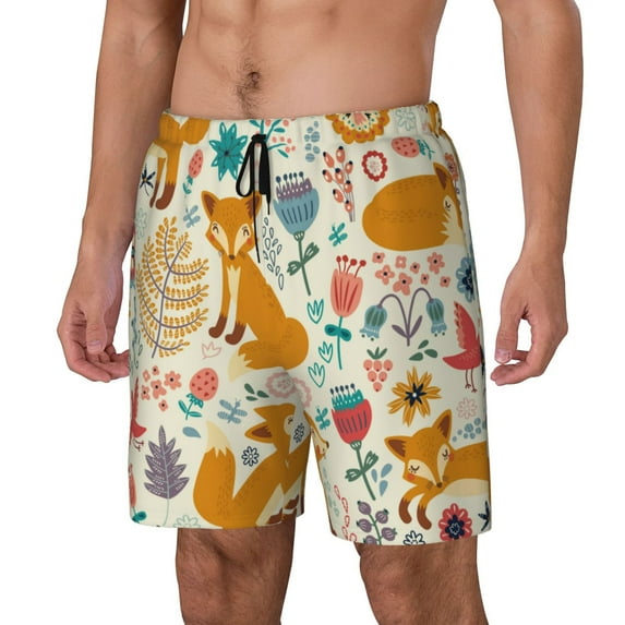 Gukieu Whimsical Fox Floral Garden Print Men's Double Layer Sports Swim Trunks, Quick Dry Adjustable Waist Swim Shorts Swimwear-3X-Large
