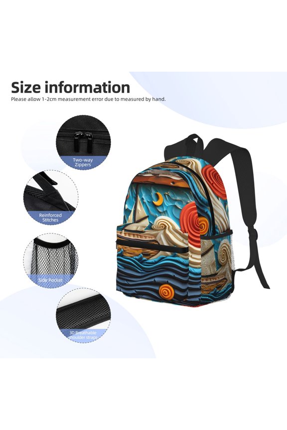 Whimsical Sailboat Ocean Art Print Backpack, Waterproof Backpack with Adjustable Shoulder Straps, Suitable for Campus, Business, Travel, Unisex