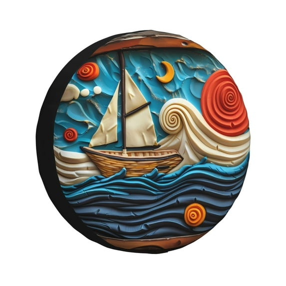 Gukieu Whimsical Sailboat Ocean Art Print Car Tire Cover, Adjustable Waterproof and Dustproof Tire Protection Cover, Suitable for SUV, Truck, Van-17 inch
