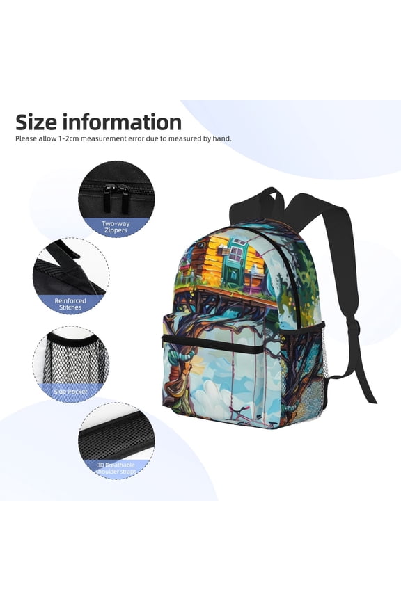 Whimsical Treehouse Painting Print Backpack, Waterproof Backpack with Adjustable Shoulder Straps, Suitable for Campus, Business, Travel, Unisex