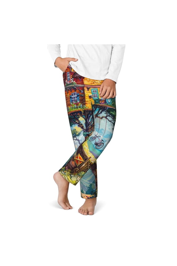 Whimsical Treehouse Painting Print Youth Home Trousers, Elastic Waistband with Pockets for Home and Outing, Suitable for Children Aged 5-16-Medium