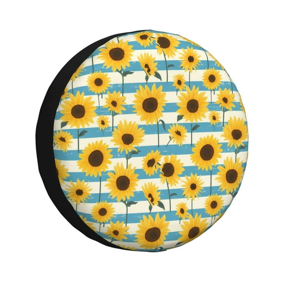 Gukieu White Blue Striped Sunflower Print Car Tire Cover, Adjustable Waterproof and Dustproof Tire Protection Cover, Suitable for SUV, Truck, Van-16 inch