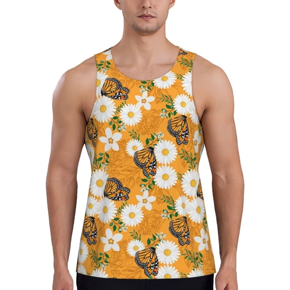 Gukieu White Floral and Butterflies Print Men's Quick Dry Fitness Vest, Round Neck Sleeveless Fitness Bodybuilding Top-4X-Large