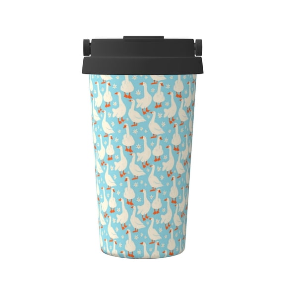 Gukieu White Geese and Flower Print Insulated Coffee Cup, Portable Stainless Steel Vacuum Cup with Lid, Unisex, Suitable for Office, Cafe, Car