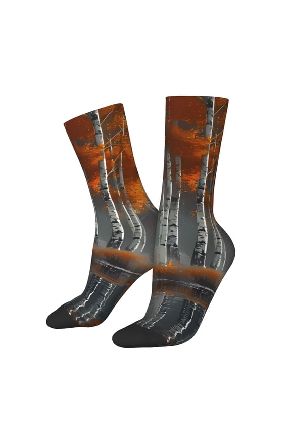 White Horse Autumn Birch Print Contrast Color Mid-calf Socks, Sweat-wicking Athletic Socks, Unisex Clothing Accessories