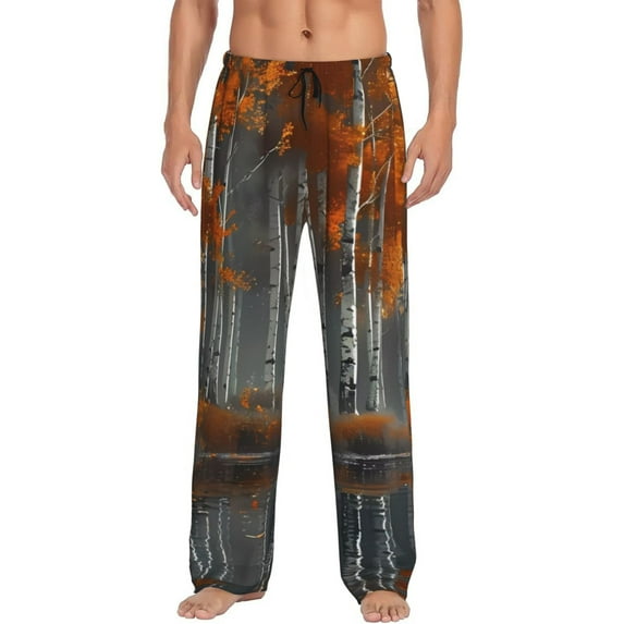 Gukieu White Horse Autumn Birch Print Men's Home Trousers, Elastic Drawstring Home Pajamas Clothing Suitable for Adult Men-XX-Large