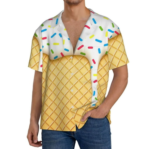Gukieu White Ice Cream Print Men's Short-sleeved Shirts, Button-down Pocket Shirts, T-shirts, Beach Vacation Travel Summer Clothing-Medium