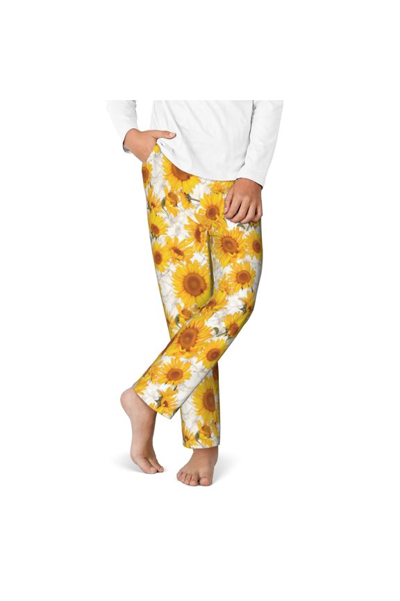 White Marble Pattern Sunflower Print Youth Home Trousers, Elastic Waistband with Pockets for Home and Outing, Suitable for Children Aged 5-16-Large