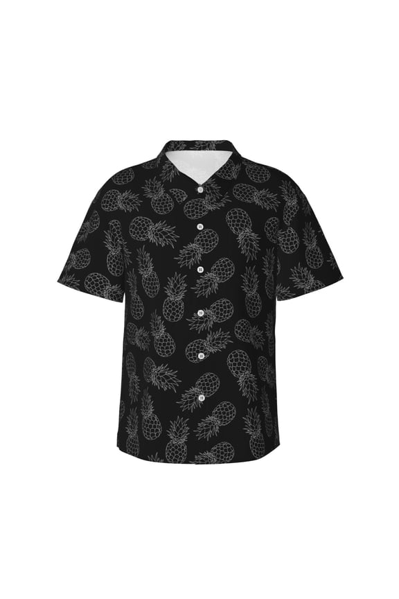 White Pineapples Print Men's Short-sleeved Shirts, Button-down Lapel Hawaiian Shirts, T-shirts, Beach Vacation Summer Casual Wear,Large