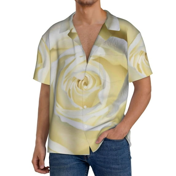 Gukieu White Rose Print Men's Short-sleeved Shirts, Button-down Pocket Shirts, T-shirts, Beach Vacation Travel Summer Clothing-Small