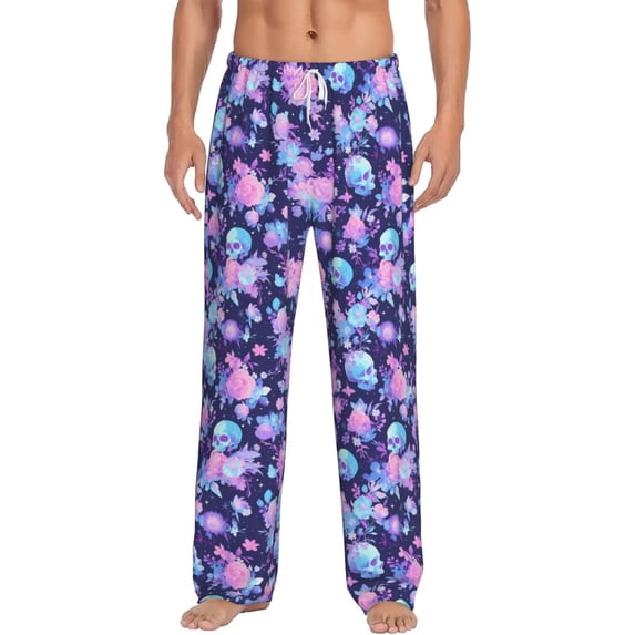 Gukieu White Skull Flower Print Men's Home Trousers, Elastic Drawstring Home Pajamas Clothing Suitable for Adult Men-X-Large