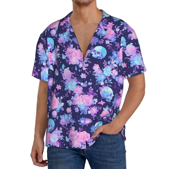 Gukieu White Skull Flower Print Men's Short-sleeved Shirts, Button-down Pocket Shirts, T-shirts, Beach Vacation Travel Summer Clothing-X-Large
