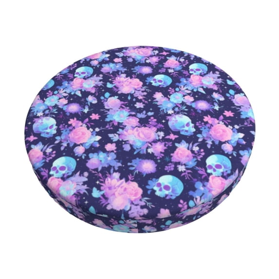 Gukieu White Skull Flower Print Round Chair Cover, Dust-proof and Non-slip Bar Chair Protective Cover, Suitable for Bars, Restaurants, Offices-14 inch
