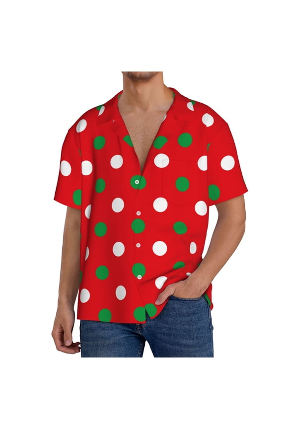 White and Green Polka Dot Print Men's Short-sleeved Shirts, Button-down Pocket Shirts, T-shirts, Beach Vacation Travel Summer Clothing-Small