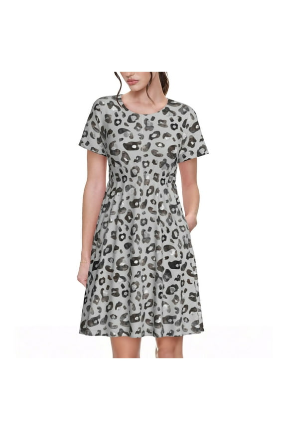 Wild Animal Leopard Print Print Women's Short Sleeve Dress, Elastic Waistband A-line with Pockets Summer Dress, Suitable for Daily Leisure, Work, Vacation