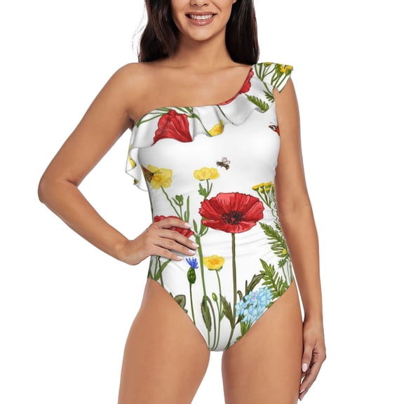 Gukieu Wild Herbs Print One-shoulder Ruffled One-piece Swimsuit with Removable Chest Pads and Tummy-control Swimsuit for Women-Small