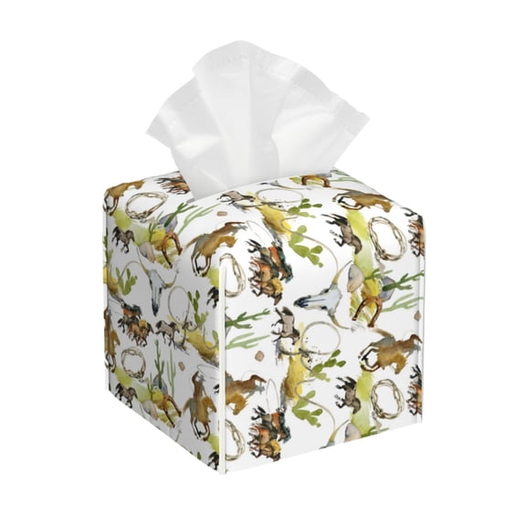 Gukieu Wild West Western Print Leather Tissue Box, PVC Waterproof Velcro Opening and Closing Square Tissue Box Holder, Suitable for Home and Office Decoration