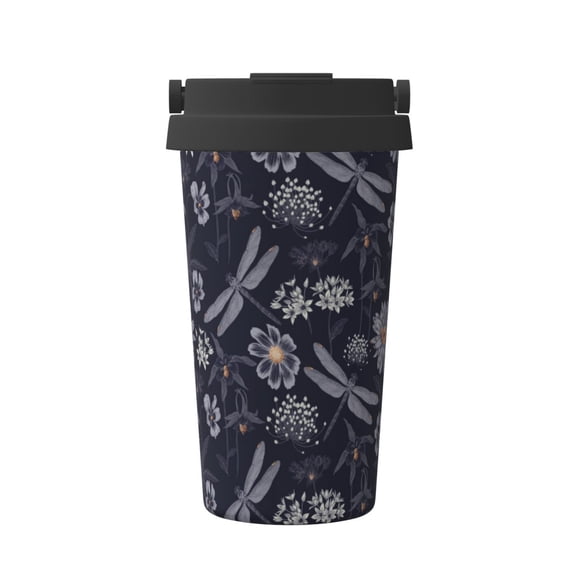 Gukieu Wildflowers And Dragonflies Print Insulated Coffee Cup, Portable Stainless Steel Vacuum Cup with Lid, Unisex, Suitable for Office, Cafe, Car