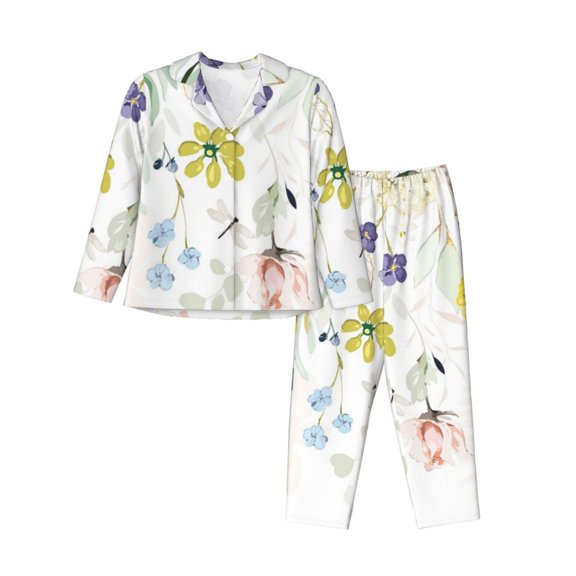 Gukieu Wildflowers Print Women's Long Sleeve Pajama Set, Button Top Elastic Pocket Pajama Pants Two Piece Set Home Wear-