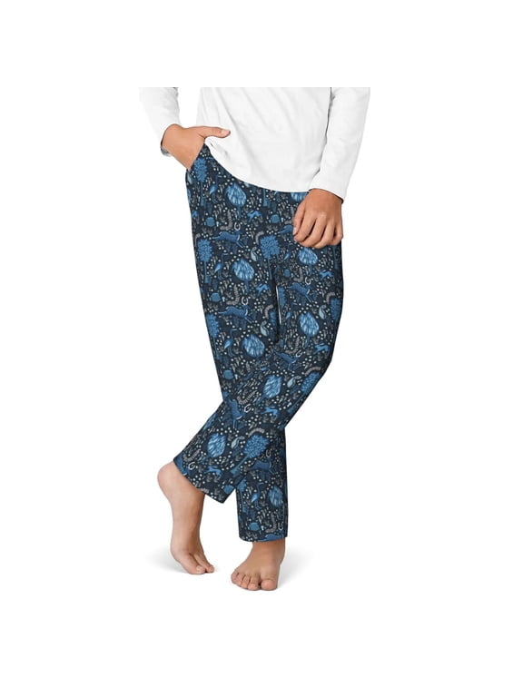 Winter Blue Forest Deer Print Youth Home Trousers, Elastic Waistband with Pockets for Home and Outing, Suitable for Children Aged 5-16-Medium
