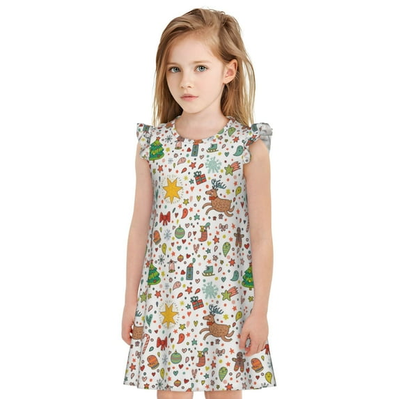 Gukieu Winter Christmas And New Year Deer Print Girls' Flying Sleeves Nightdress, Round Neck Sleeveless Princess Dress, Nightgown and Home Clothes-