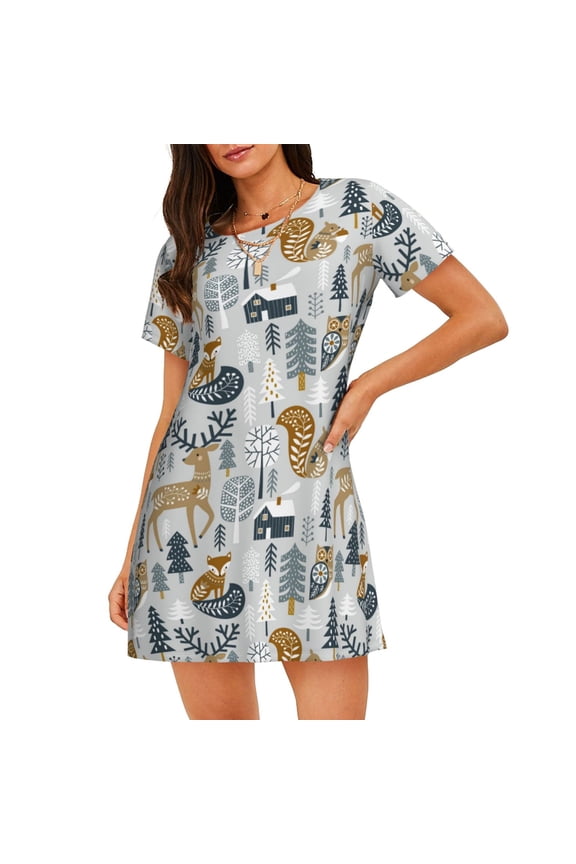 Winter Forest Animals Print Women's Nightgown, A-line Round Neck Short-sleeved Nightgown Pajamas Home Wear Suitable for Home and Outing