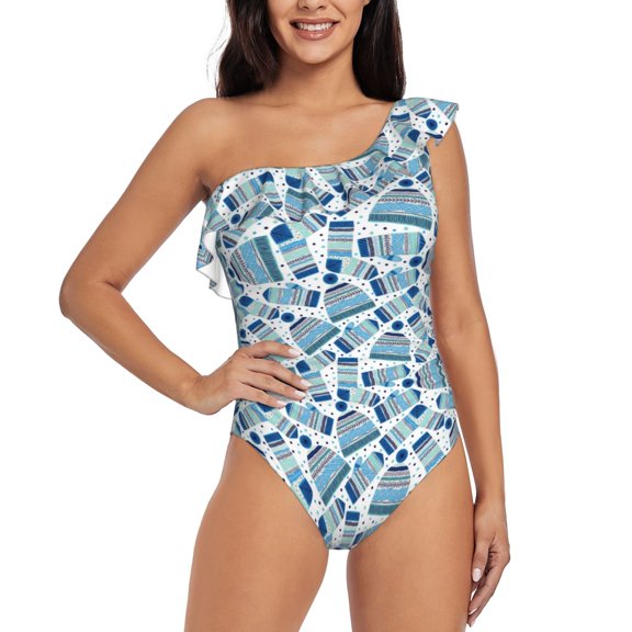 Gukieu Winter Knit Hat and Socks Print One-shoulder Ruffled One-piece Swimsuit with Removable Chest Pads and Tummy-control Swimsuit for Women-Large