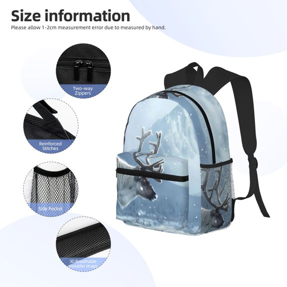 Gukieu Winter Reindeer In Snowy Mountains Print Backpack, Waterproof Backpack with Adjustable Shoulder Straps, Suitable for Campus, Business, Travel, Unisex