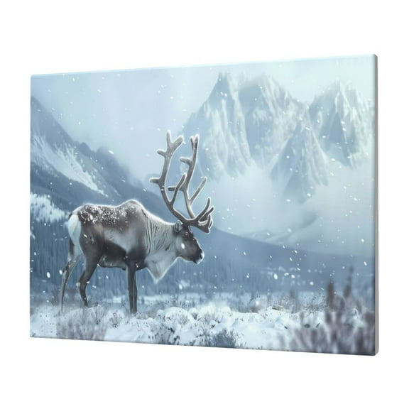 Gukieu Winter Reindeer In Snowy Mountains Print Horizontal Canvas Decorative Painting 12x16 Inch Shrinkage Resistant Frame Hanging Home Wall Art Decor