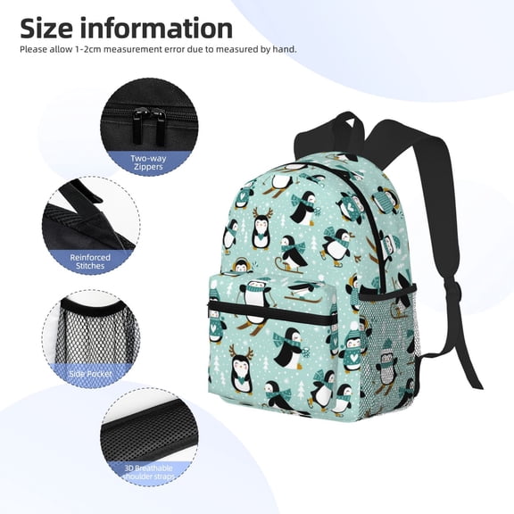 Gukieu Winter Skiing Penguin Print Backpack, Waterproof Backpack with Adjustable Shoulder Straps, Suitable for Campus, Business, Travel, Unisex