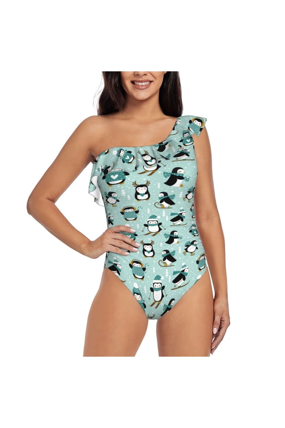 Winter Skiing Penguin Print One-shoulder Ruffled One-piece Swimsuit with Removable Chest Pads and Tummy-control Swimsuit for Women-Large