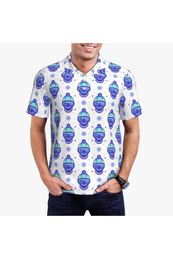 Winter Snowflake Skiing Skull Print Men's Quick-drying POLO Shirt, Button-down Summer T-shirt, Suitable for Work and Outdoor Activities-Medium