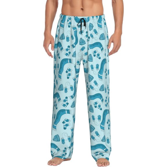 Gukieu Winter Warmth Blue Knitted Print Men's Home Trousers, Elastic Drawstring Home Pajamas Clothing Suitable for Adult Men-X-Large