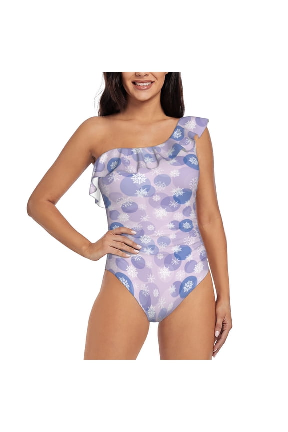 Winter With Snowflakes Print One-shoulder Ruffled One-piece Swimsuit with Removable Chest Pads and Tummy-control Swimsuit for Women-X-Large