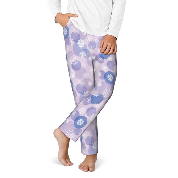 Gukieu Winter With Snowflakes Print Youth Home Trousers, Elastic Waistband with Pockets for Home and Outing, Suitable for Children Aged 5-16-Medium