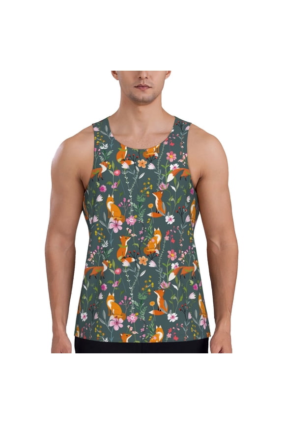 Wolf Fox In Flower Forest Print Men's Quick Dry Fitness Vest, Round Neck Sleeveless Fitness Bodybuilding Top-Medium
