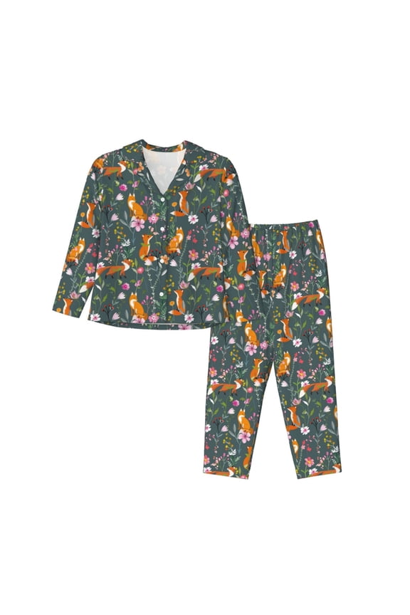 Wolf Fox In Flower Forest Print Women's Long Sleeve Pajama Set, Button Top Elastic Pocket Pajama Pants Two Piece Set Home Wear-Medium