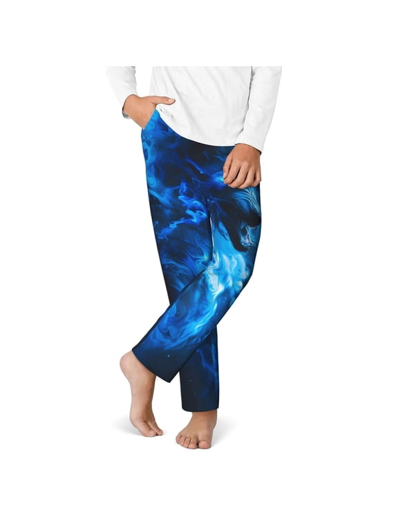 Wolf Print Youth Home Trousers, Elastic Waistband with Pockets for Home and Outing, Suitable for Children Aged 5-16-XS(5-6)