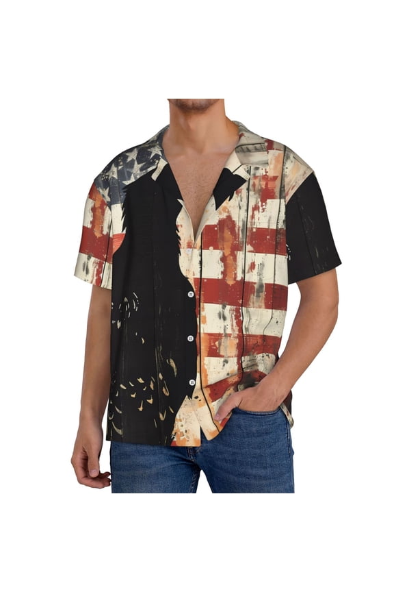 Wood Grain Bald Eagle Print Men's Short-sleeved Shirts, Button-down Pocket Shirts, T-shirts, Beach Vacation Travel Summer Clothing-Medium
