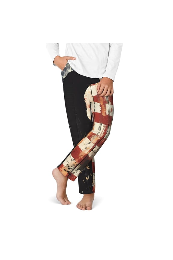 Wood Grain Bald Eagle Print Youth Home Trousers, Elastic Waistband with Pockets for Home and Outing, Suitable for Children Aged 5-16-Medium