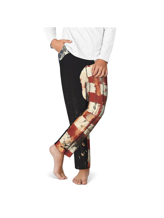 Wood Grain Bald Eagle Print Youth Home Trousers, Elastic Waistband with Pockets for Home and Outing, Suitable for Children Aged 5-16-XS(5-6)
