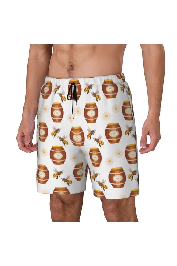 Wooden Barrels With Honey Print Men's Double Layer Sports Swim Trunks, Quick Dry Adjustable Waist Swim Shorts Swimwear-Medium